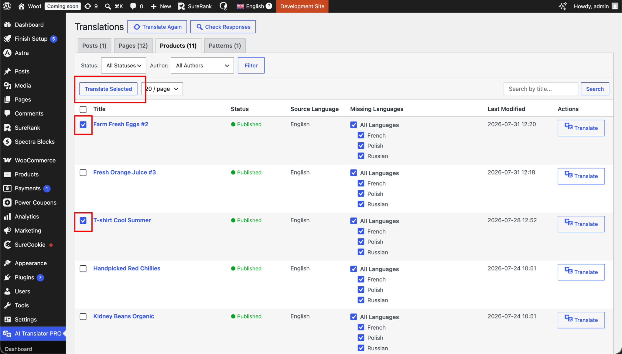 Selecting multiple posts and using Translate Selected