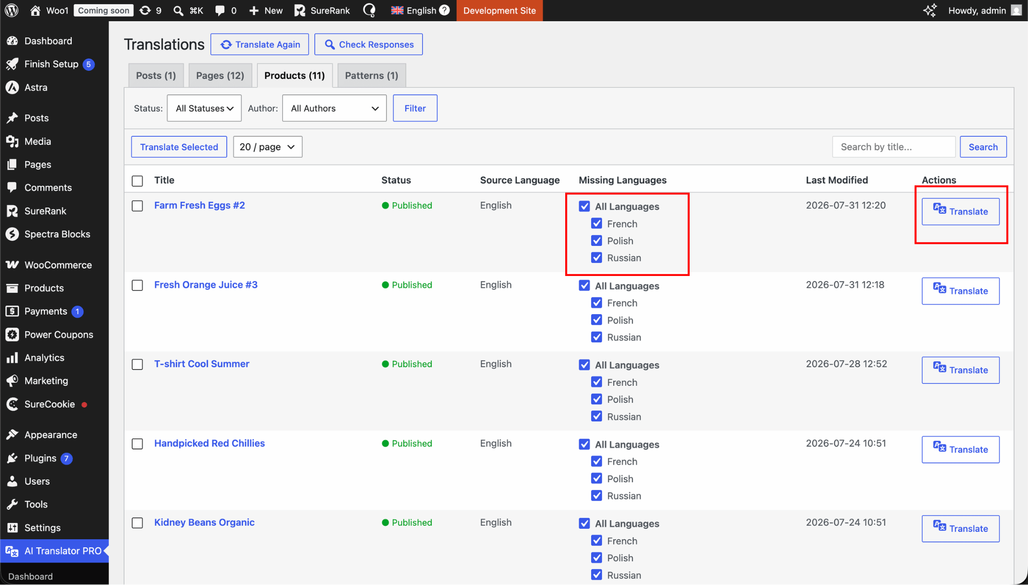 The plugin Translations page with the language selector
