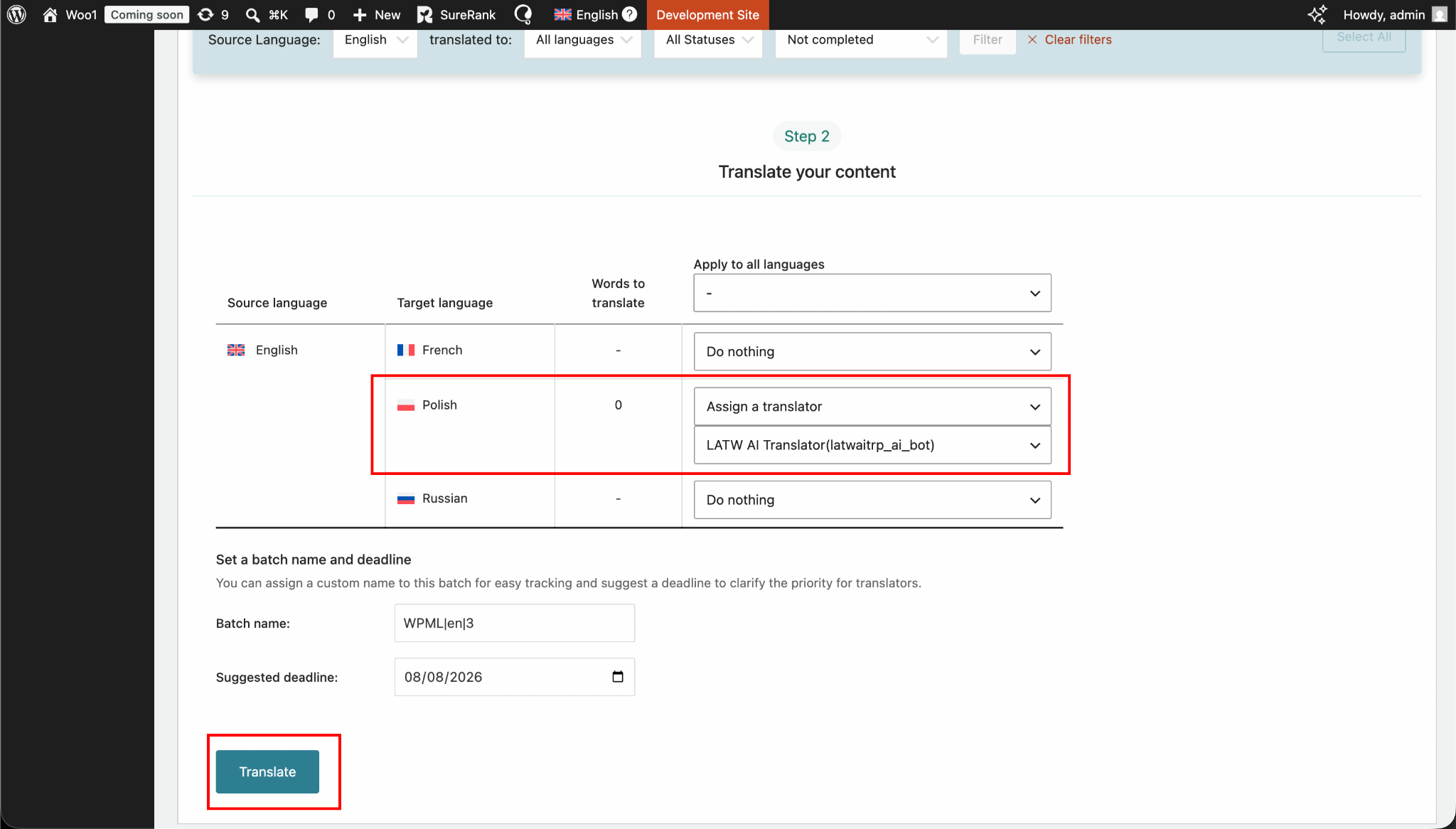 The WPML Translation Dashboard with the LATW AI Translator user